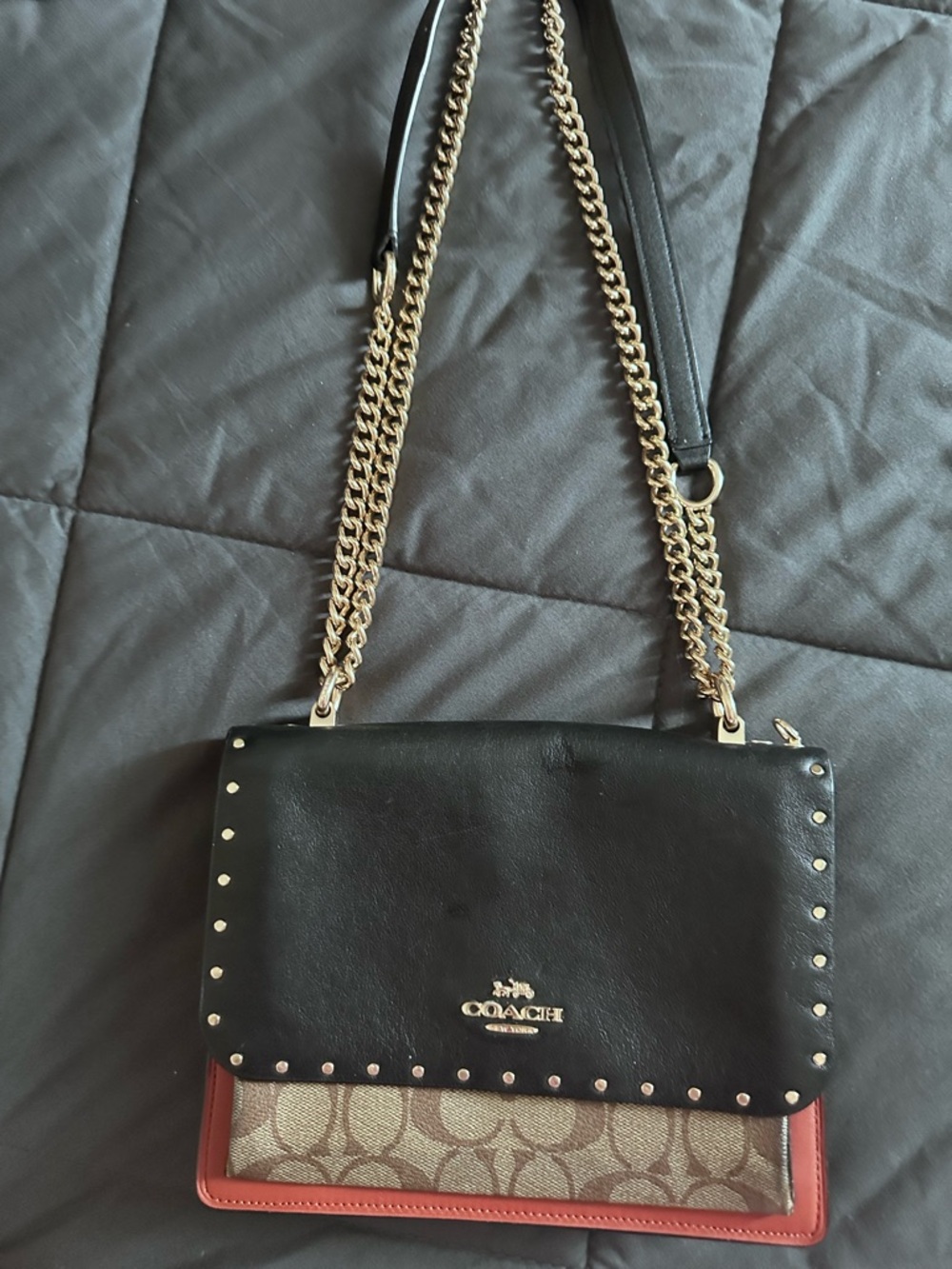 Coach Black and Brown Signature Flap Crossbody with Gold Chain